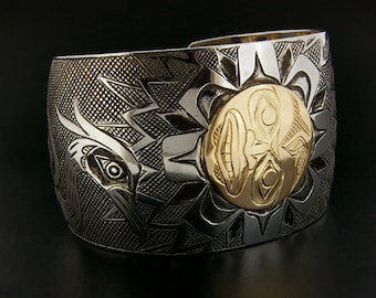 Blue Heron Northwest Coast Native Cuff Bracelet with Sun and Moon