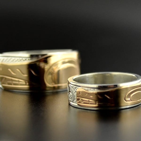 His and Her Native Combination Wedding Band Wolf Design Silver and 14k