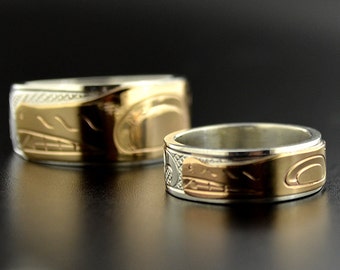 His and Her Native Combination Wedding Band Wolf Design Silver and 14k