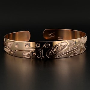 14k Rose Gold Native Bracelet Orca Chasing Salmon 1/2 Wide Symbol of Life Cycle image 1