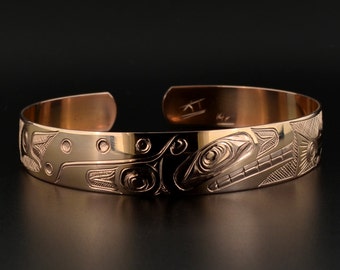 14k Rose Gold Native Bracelet Orca Chasing Salmon 1/2" Wide Symbol of Life Cycle