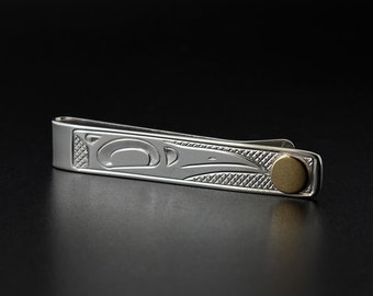 Mens Tie Bar Native Sterling Silver and 14k Gold Accessory