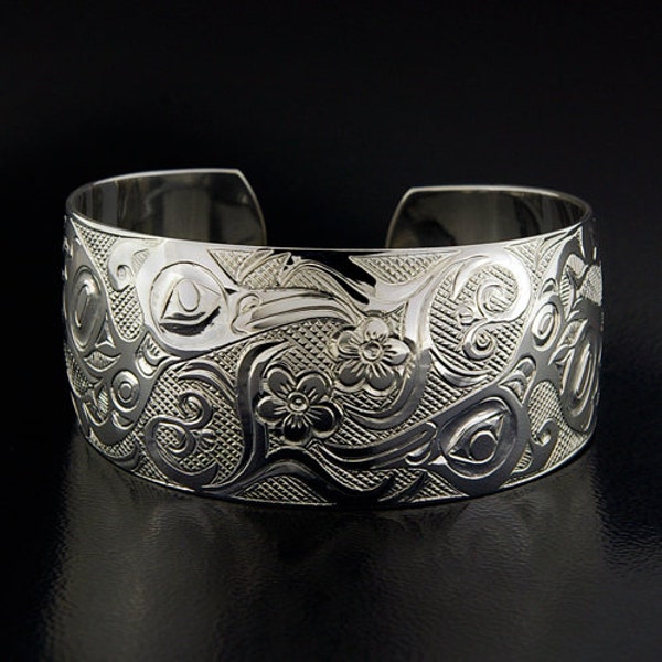 Northwest Coast Native Two Hummingbirds Cuff Sterling Silver Signed 1" Wide