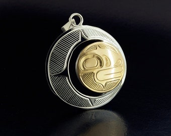 Native American Sterling Silver and 14k Gold Moon Pendant