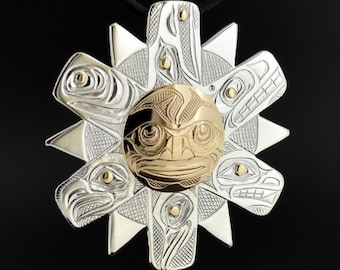 Gold and Silver Sun Pendant Hand-Engraved Customizable Animal Rays 2" Diameter Native American Pendant