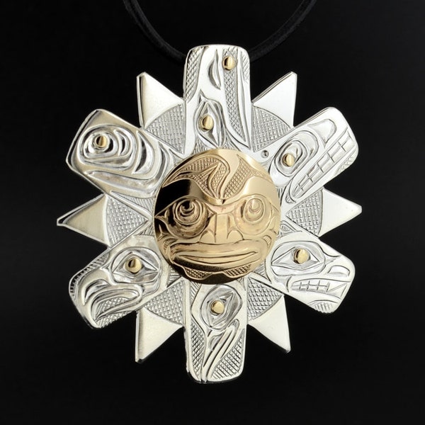 Gold and Silver Sun Pendant Hand-Engraved Customizable Animal Rays 2" Diameter Native American Pendant