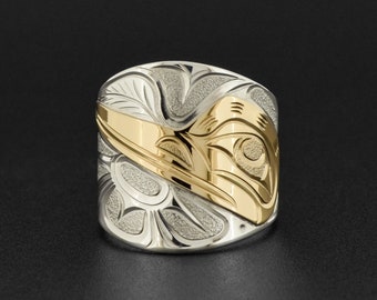 Unisex Signet Ring Silver and 14k Various Northwest Native Designs