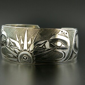 Unisex Raven Steals the Sun Native American Cuff Bracelet 1 Wide Hand-Engraved Northwest Coast Art image 2