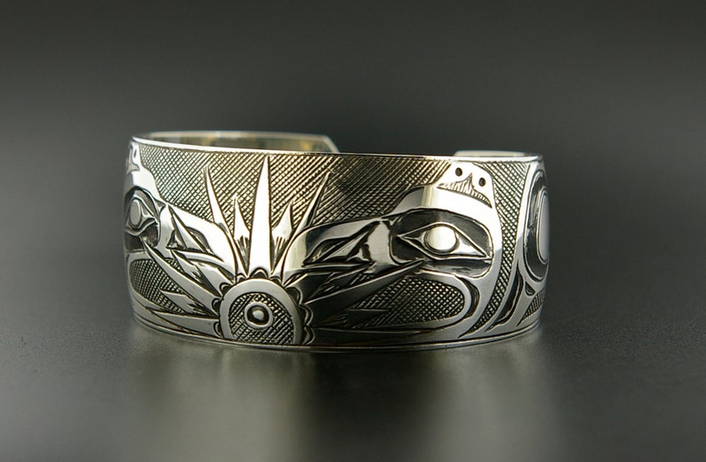 Unisex Raven Steals the Sun Native American Cuff Bracelet 1 Wide Hand-Engraved Northwest Coast Art image 2