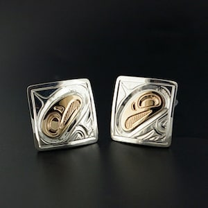 Northwest Coast Native Square Cufflinks Eagle Design Silver y oro de 14k