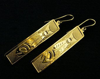 Solid 14k Gold Northwest Coast Native Salmon Rectangular Earrings