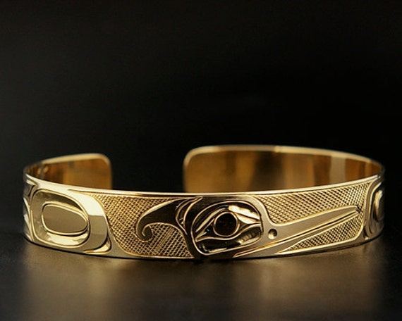 Northwest Coast Native Solid 14k Gold Cuff Bracelet Hummingbird