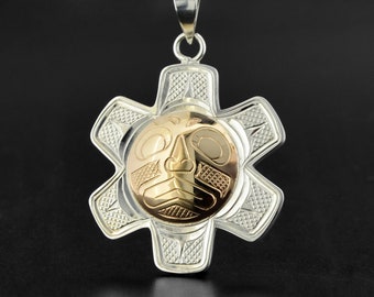 Northwest Native Sun Pendant Silver and 14k Gold Hand-Engraved