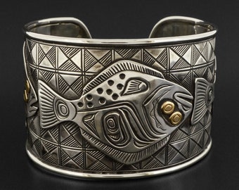 Wide Halibut Cuff Bracelet Overlaid Sterling Hand-Carved with 14k Accents