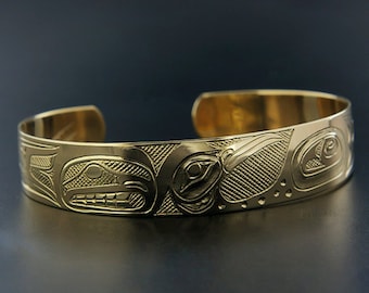 14k Native Loon and Ancestor 1/2" Wide Cuff Bracelet