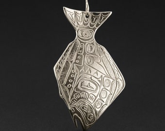 Northwest Coast Native Halibut Pendant Sterling Signed