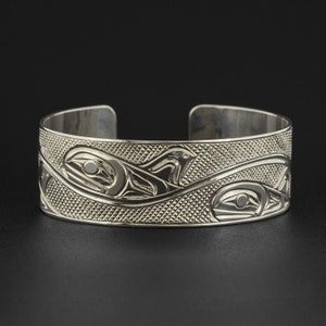 Northwest Coast Native Orca Pod Hand-Carved Cuff Bracelet