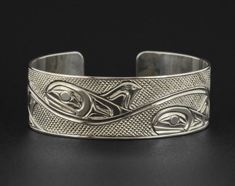 Northwest Coast Native Orca Pod Hand-Carved Cuff Bracelet