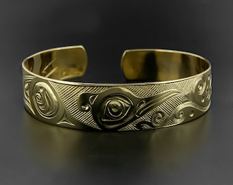 Hummingbird 14k Gold Northwest Native Cuff Bracelet Hand-Engraved