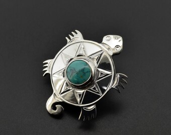 Native American Turtle Pin Pendant Brooch with Turquoise Northwest Coast First Nations