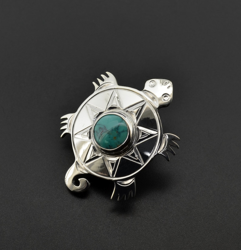 Native American Turtle Pin Pendant Brooch with Turquoise Northwest Coast First Nations