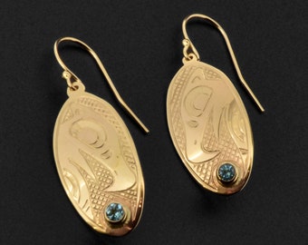 14k Yellow Gold Native Northwest Earrings with Custom Stones
