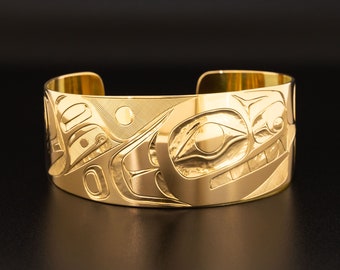 Orca Pod 14k Solid Gold Northwest Native American Cuff Bracelet