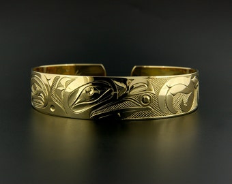 14k Gold Raven and Sun Cuff Bracelet Northwest Native Design