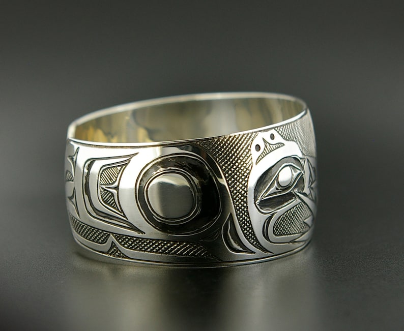 Unisex Raven Steals the Sun Native American Cuff Bracelet 1 Wide Hand-Engraved Northwest Coast Art image 3