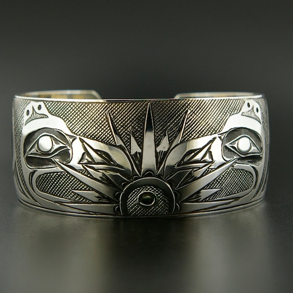 Unisex Raven Steals the Sun Native American Cuff Bracelet 1" Wide Hand-Engraved Northwest Coast Art