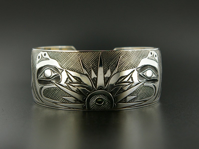Unisex Raven Steals the Sun Native American Cuff Bracelet 1 Wide Hand-Engraved Northwest Coast Art image 1
