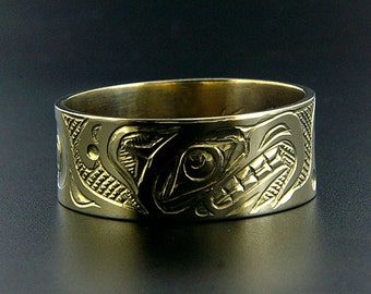 14k White Gold Hand-Engraved Northwest Coast Native Thunderbird Ring Wedding Band