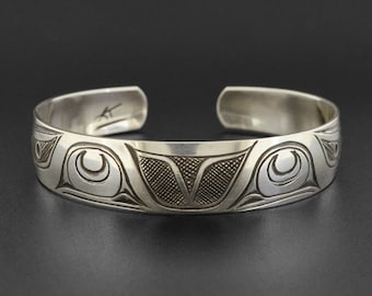 Antiqued Narrow Northwest Native Cuff Bracelet First Nations Frog Design