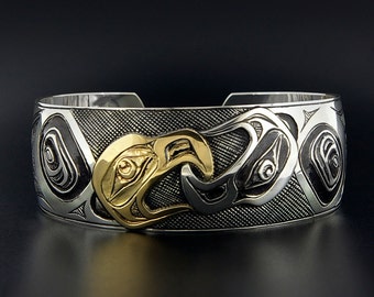 Yin Yang Eagles Silver and 14k Gold Combination Bracelet Unisex Native Cuff