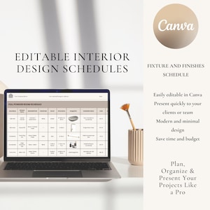 Interior Design Template FFE Finishes, Furniture, Hardware & Fixtures Schedule, Canva Template, With Mood Board, Materials Board
