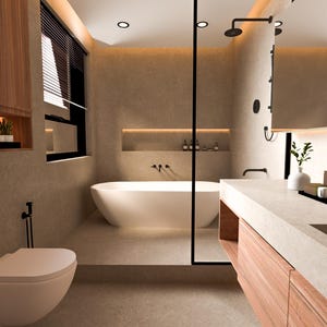Op de afbeelding: Een moderne badkamer met een wit bad, een houten wastafel met een wastafel en een toilet. De badkamer heeft een groot raam met jaloezieën, een douche en een spiegel.