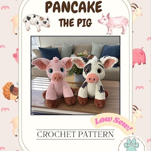 May include: Two crochet pig soft toys, one pink and one white with black spots, are displayed. The image includes the text "PANCAKE THE PIG" and "CROCHET PATTERN". The background features watercolour illustrations of farm animals.