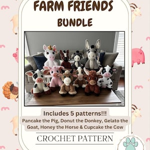 Op de afbeelding: Een haakpatroonbundel met verschillende boerderijdierontwerpen, waaronder een varken, een ezel, een geit, een paard en een koe. De afbeelding toont de tekst "FARM FRIENDS BUNDLE" en "CROCHET PATTERN". De bundel bevat vijf patronen.