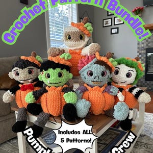 May include: A collection of five handmade crochet monster dolls, each with a unique design and color scheme. The dolls are wearing orange pumpkin costumes and have various facial expressions. The text "Crochet Pattern Bundle!" and "Pumpkin Monster Crew" are displayed.