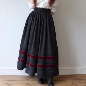 Black rayon skirt with velvet ribbon trim, dark academia mid calf skirt, festival outfit, gift for her image 1