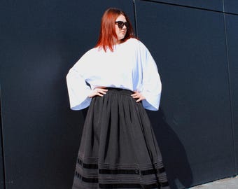 Ukrainian and Hungarian Traditional Skirt, Black Cottagecore Midi Skirt with Velvet Ribbons, Historical Reenactment , Ethnic Folk Clothing