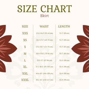 May include: A size chart for a skirt with the text SIZE CHART and Skirt at the top. It lists sizes from XXS to XXXL with corresponding waist measurements in inches and centimeters, and length measurements in inches and centimeters.