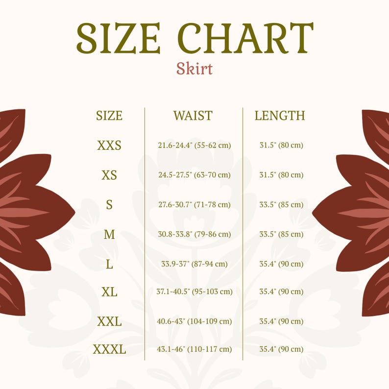 May include: A size chart for a skirt with the text SIZE CHART and Skirt at the top. It lists sizes from XXS to XXXL with corresponding waist measurements in inches and centimeters, and length measurements in inches and centimeters.