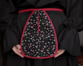 Floral Tie-On Waist Pouch, Medieval Canvas Hip Pocket, Cotton Red Trim
