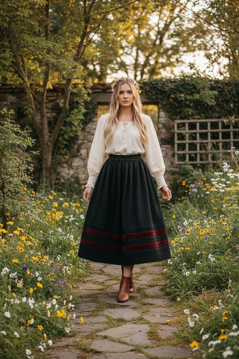 May include: A cream-colored long-sleeve blouse with a tie-front neckline and lace-trimmed cuffs paired with a black midi-length skirt featuring two horizontal dark red velvet ribbon bands near the hem and brown leather ankle boots.