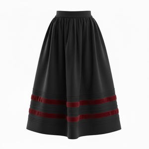 May include: A black midi-length skirt featuring a high waistband and a full, pleated silhouette. The lower portion of the skirt is decorated with two horizontal bands of deep red velvet trim, each framed by subtle, stitched horizontal tucks.