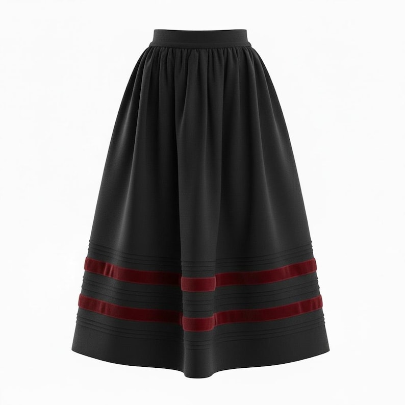 May include: A black midi-length skirt featuring a high waistband and a full, pleated silhouette. The lower portion of the skirt is decorated with two horizontal bands of deep red velvet trim, each framed by subtle, stitched horizontal tucks.