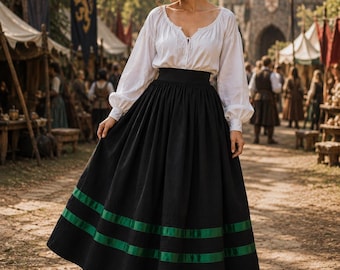 Black Renaissance Maxi Skirt with Velvet Ribbon, Handmade Ren Faire Folk Skirt
