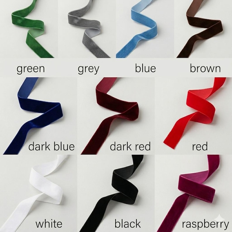 May include: A collection of nine velvet ribbons arranged in a grid, each labeled with its color: green, grey, blue, brown, dark blue, dark red, red, white, black, and raspberry. Each ribbon is displayed in a wavy, flowing shape.