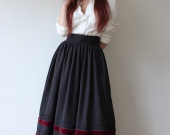 Black rayon skirt with velvet ribbon trim, dark academia mid calf skirt, festival outfit, gift for her